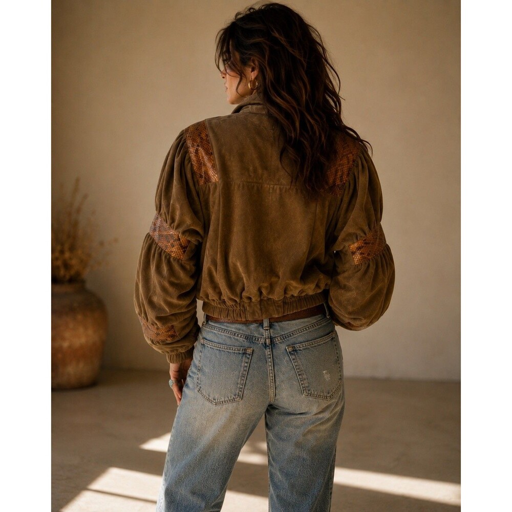 Vintage Norceur Genuine Leather Jacket 80s Batwing Structured Shoulder Snakeskin - Picture 6 of 16